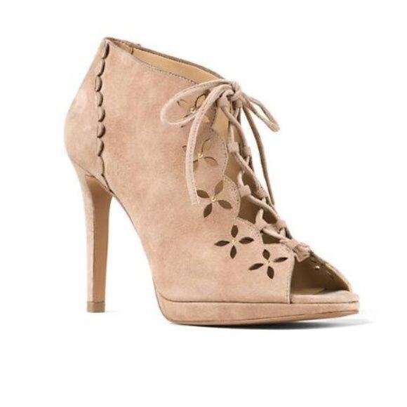 NEW Michael Kors Peep Toe Bootie Women 10 Beige Suede Designer Chic Contemporary - Picture 1 of 8